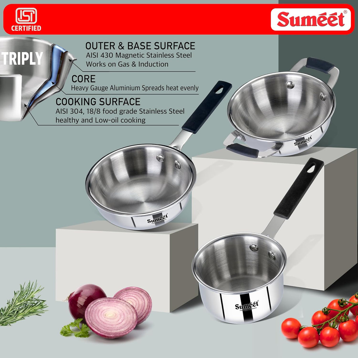 Sumeet Cook Smart ISI Certified Tri-Ply (Steel - Aluminium - Steel) Set of 3 Pcs Mini Kadhai - FryingTadka Pan- SauceTadka Pan 450ml with Silicon Grip | Inducti
