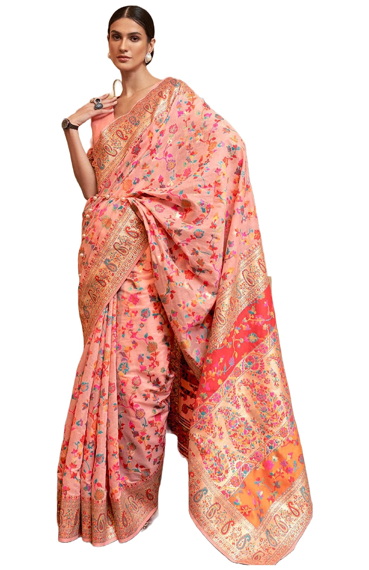SGF11 Women's Kanjivaram Soft Silk Saree With Blouse Piece (Peach) 6.3metres