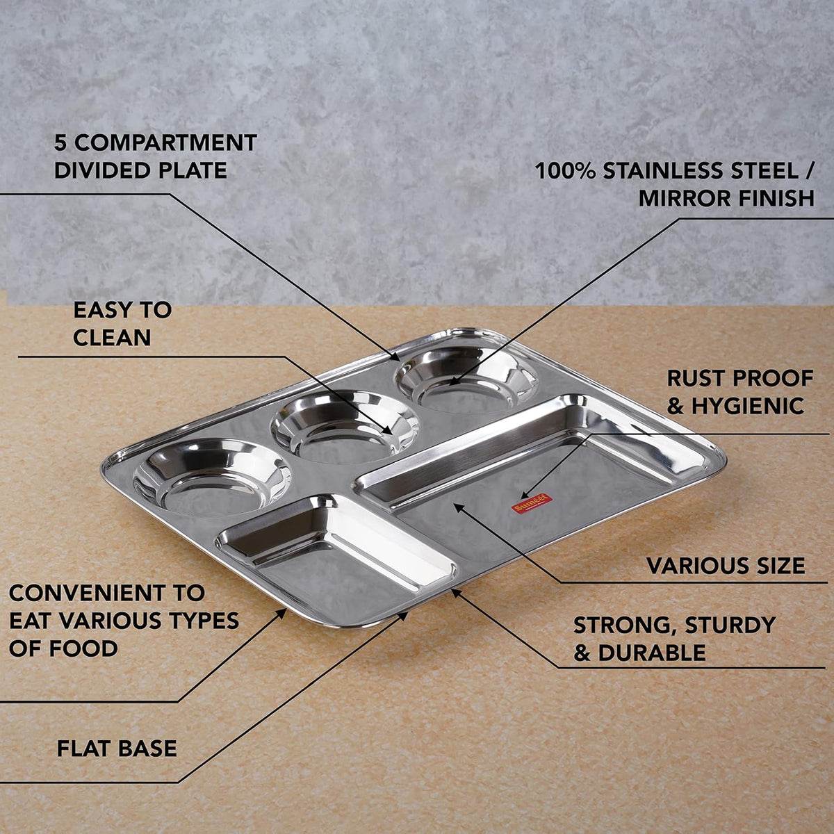 Sumeet Stainless Steel Rectangular 5 in 1 Compartment Lunch/Dinner Plate 1Pc, 37.4cm Dia, Silver BIG 1PC