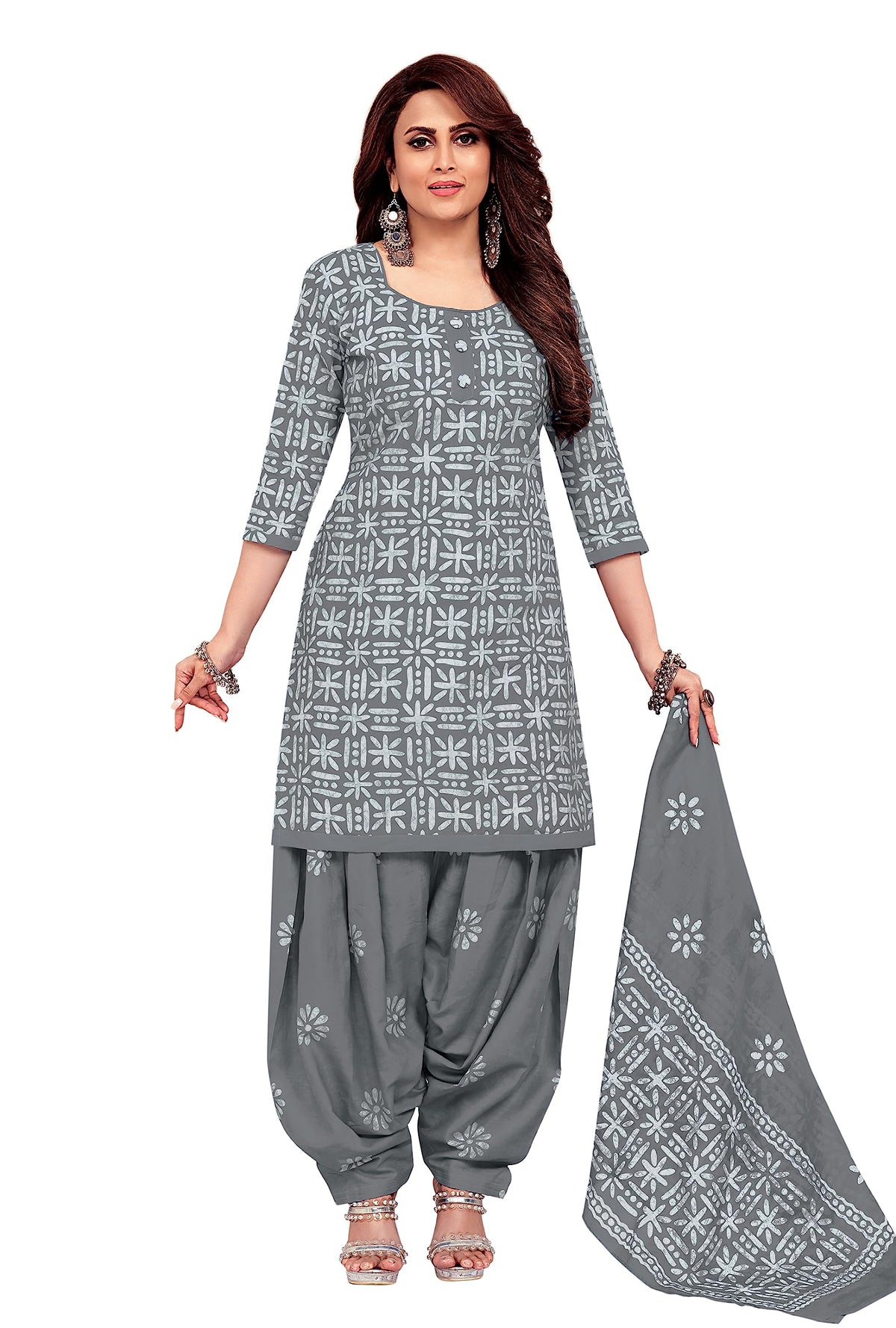 Miraan Cotton Printed Readymade Salwar Suit For Women (MIRAANSANBAT613) S Grey