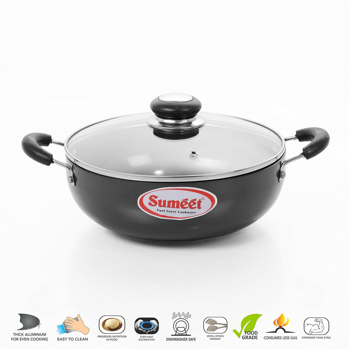 Sumeet Aluminium 3mm Hard Anodized Deep kadai with Glass Lid (17cm Dia. 750ML Capacity , Small Size No. - 9 , Black ) 750ML Glass Lid