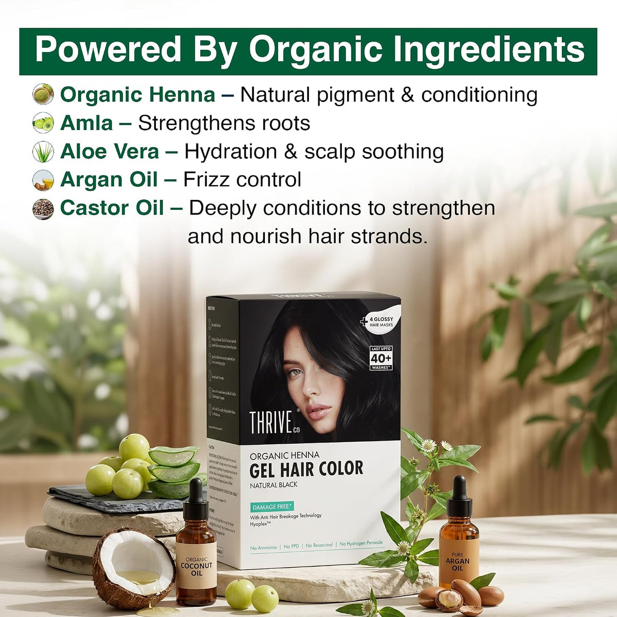 ThriveCo Henna Gel Hair Colour – Natural Black | Natural Indigo, Henna & Amla Formula | Ammonia-Free, Long-Lasting Gel Hair Dye | Chemical-Free Hair Color for M