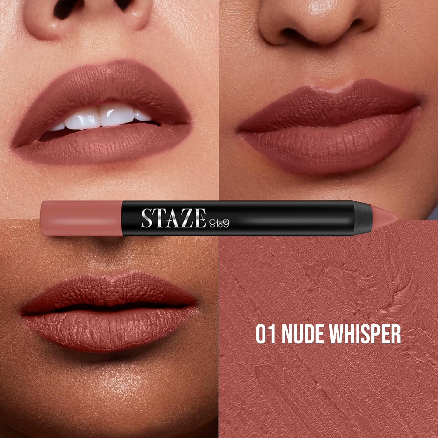 Staze Pout On Lip Crayon Lipstick High Pigment Matte Finish Long-Lasting & Waterproof With Vitamin E & Jojoba Oil Smudgeproof Sharpenable Lip Crayon 01 Nude Whisper 3.5g