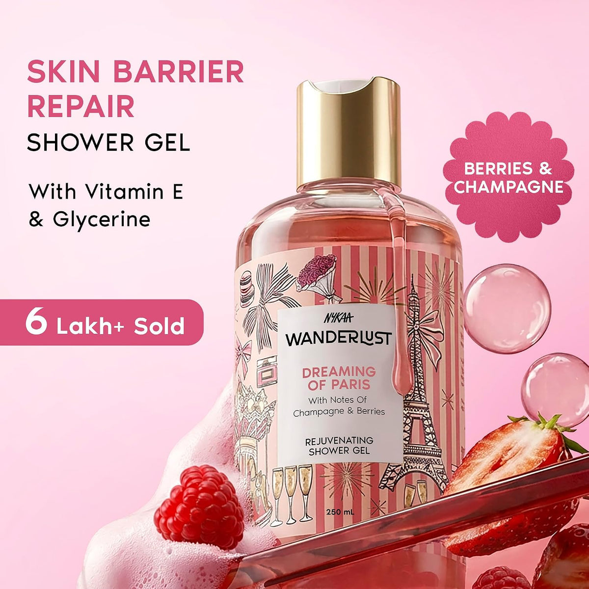 Nykaa Wanderlust Dreaming of Paris Fruity Perfume Body Wash, Champagne & Berries, Barrier Repair & Hydrating Shower Gel for Smooth & Soft Skin, Long-lasting Fra