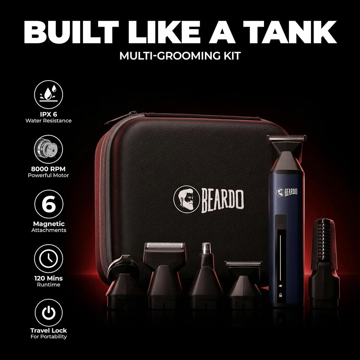 Beardo Godfather Premium Trimmer Kit for Men | Full Body Grooming Kit with 6 Magnetic Attachments | 8000 RPM Motor, 120 Min Runtime, Travel Lock | Self-Sharpeni