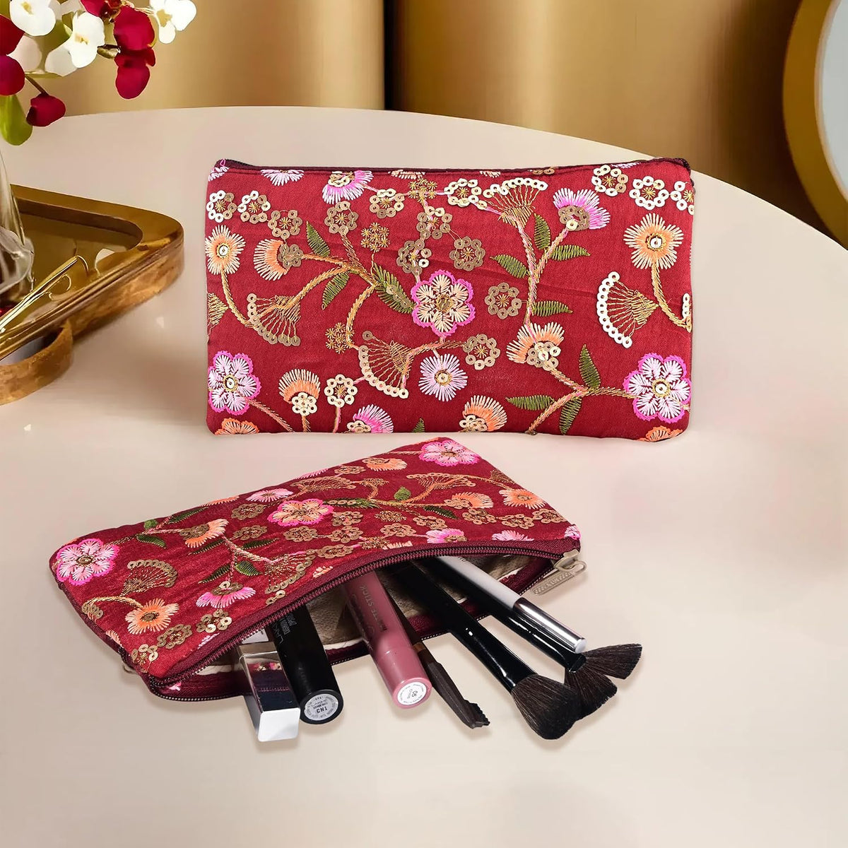 Kuber Industries 3 Pcs Traditional Hand Purse Ladies with Zip | Embroidery Wallet Purse for Women| Return Gift for Ladies | New Flower - Cream, Maroon & Light P