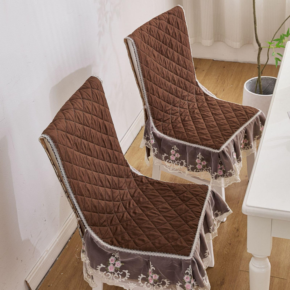 HOMETHREADS Vintage Dining Chair Protector Cover, Quilted Cotton with Lace Frills, Easy Slip-On Design, Protects Seat & Backrest While Keeping Chair Visible, Wa