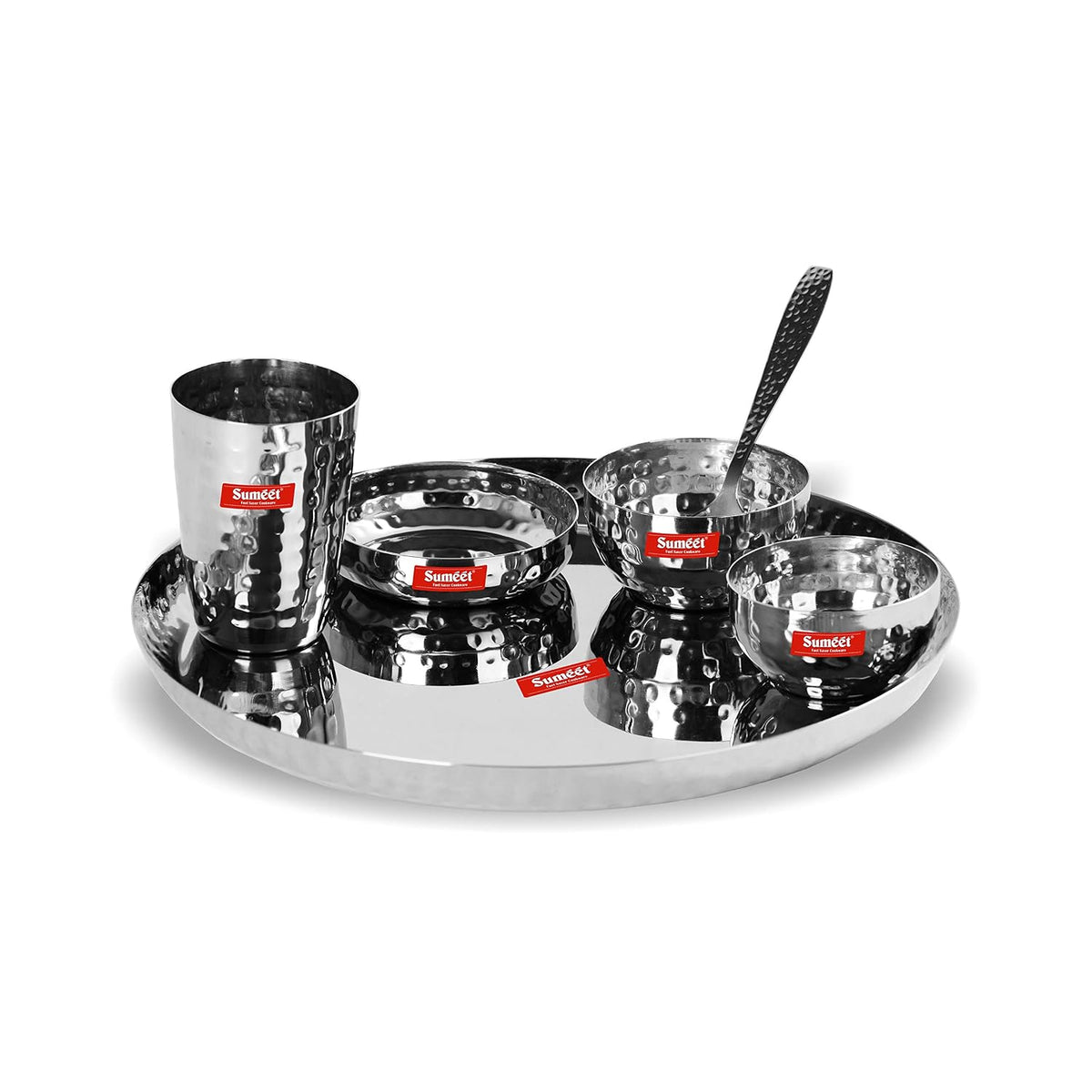Sumeet Stainless Steel Handcrafted Hammered Texture Heavy Gauge Mirror Finish Royal Dinner set of 6 Pcs (1 Plate, 1 Small Halwa Plate, 1 Big Bowl/Wati, 1 Small
