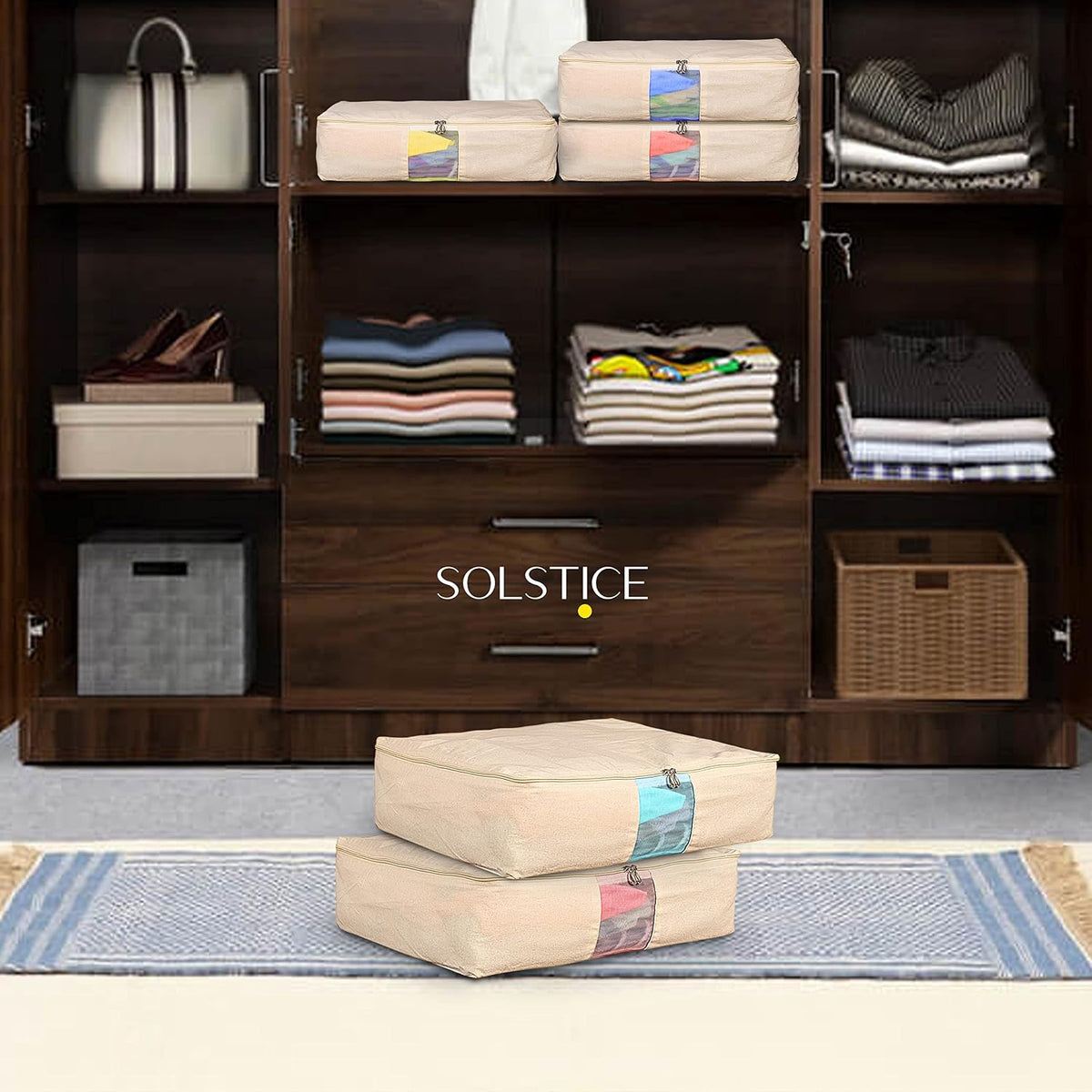 SOLSTICE Cotton Clothes Storage Box/Covers/Bags With Zip (18 X 16 X 4.5 Inch) As Wardrobe Organizer For Huge Silk Saree/Big Lehenga/Dresses/Shirts/Trousers/Gown
