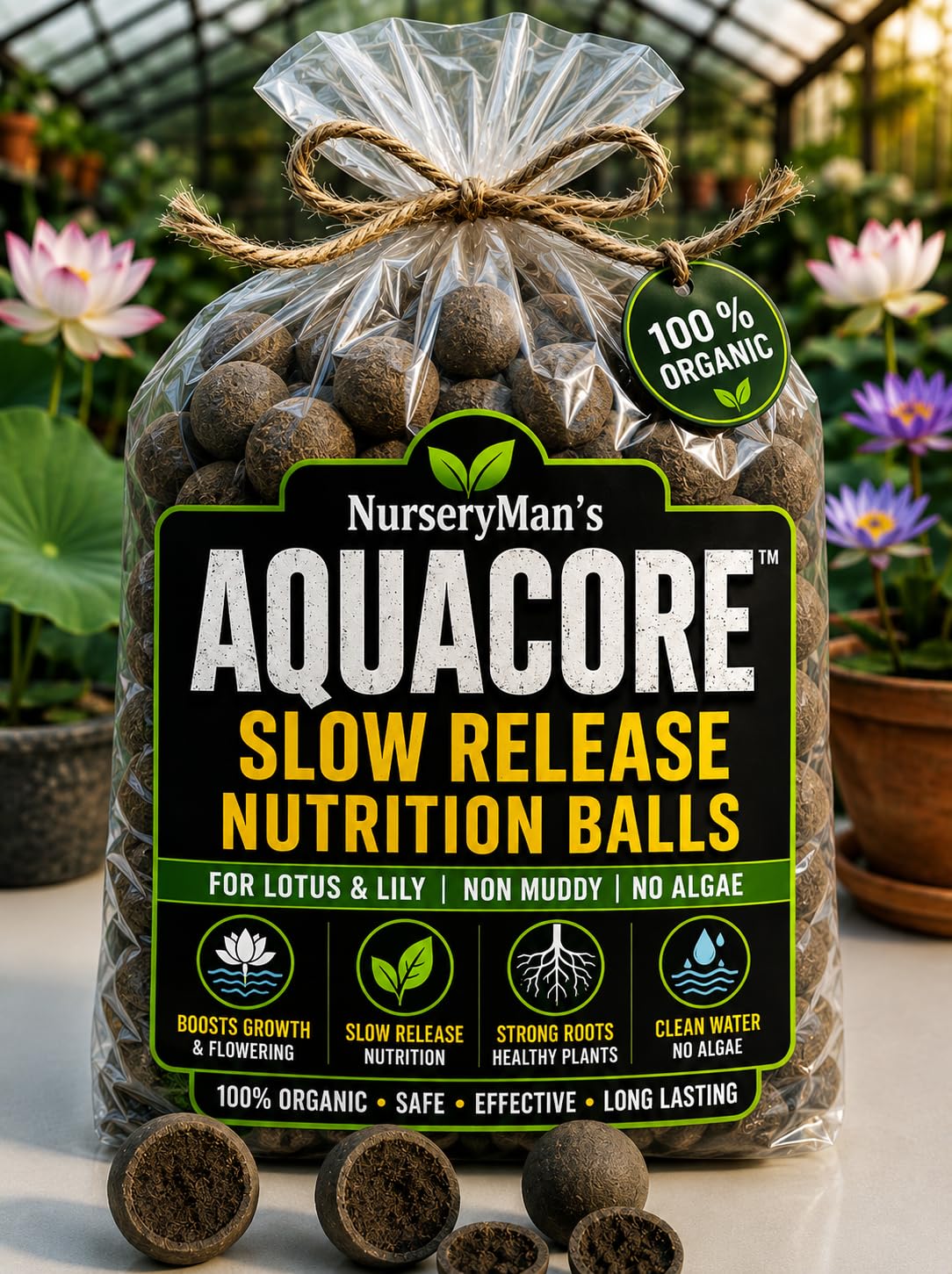NurseryMan's AquaCore™ Slow Release Nutrition Balls for Lotus & Water Lily | 100% Organic Aquatic Plant Nutrition | Non-Muddy, No Algae Formula | 12 balls