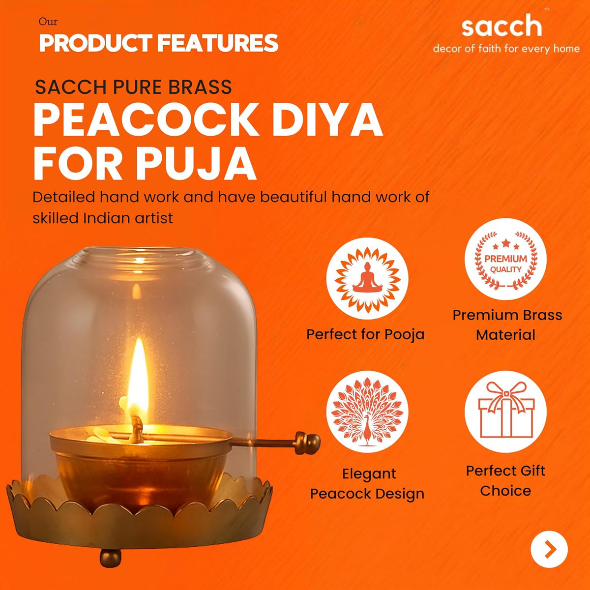 Sacch Akhand Brass Oil Diya with Glass Cover | Adjustable Wick Lamp for Pooja | 4.25 Inch Height, 260gms Wt, 40Ml Oil Capacity.
