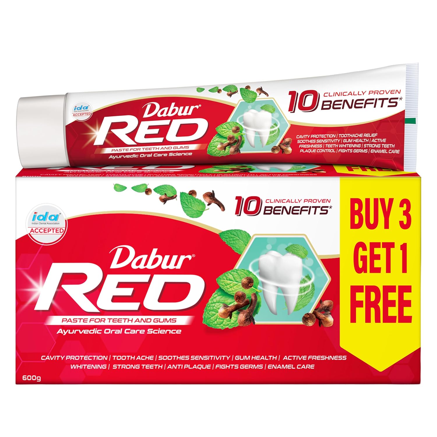 Dabur Red 600g (150g x 4, Pack of 4) Toothpaste - India's No.1 Ayurvedic Paste, Provides Protection Plaque Removal, Toothache, Yellow Teeth, Bad Breath-