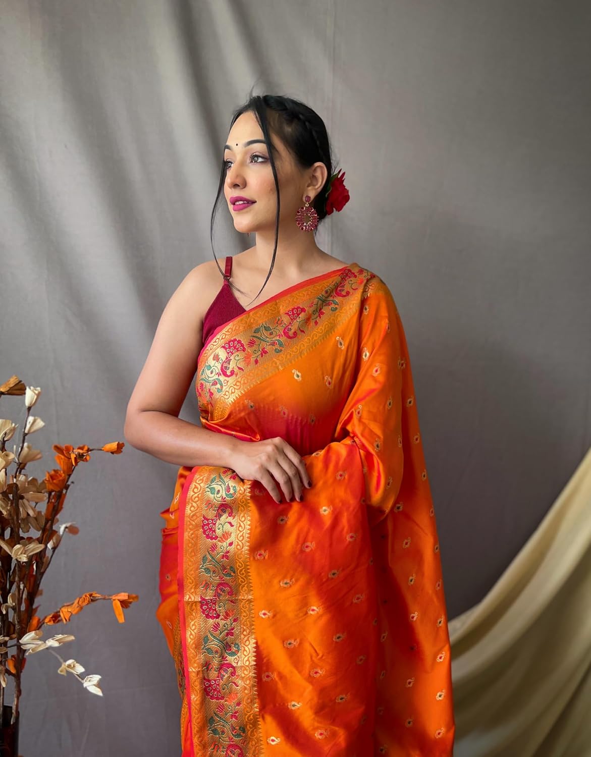 SGF11 Women's Kanjivaram Soft Silk Saree With Blouse Piece 6.3metres Orange