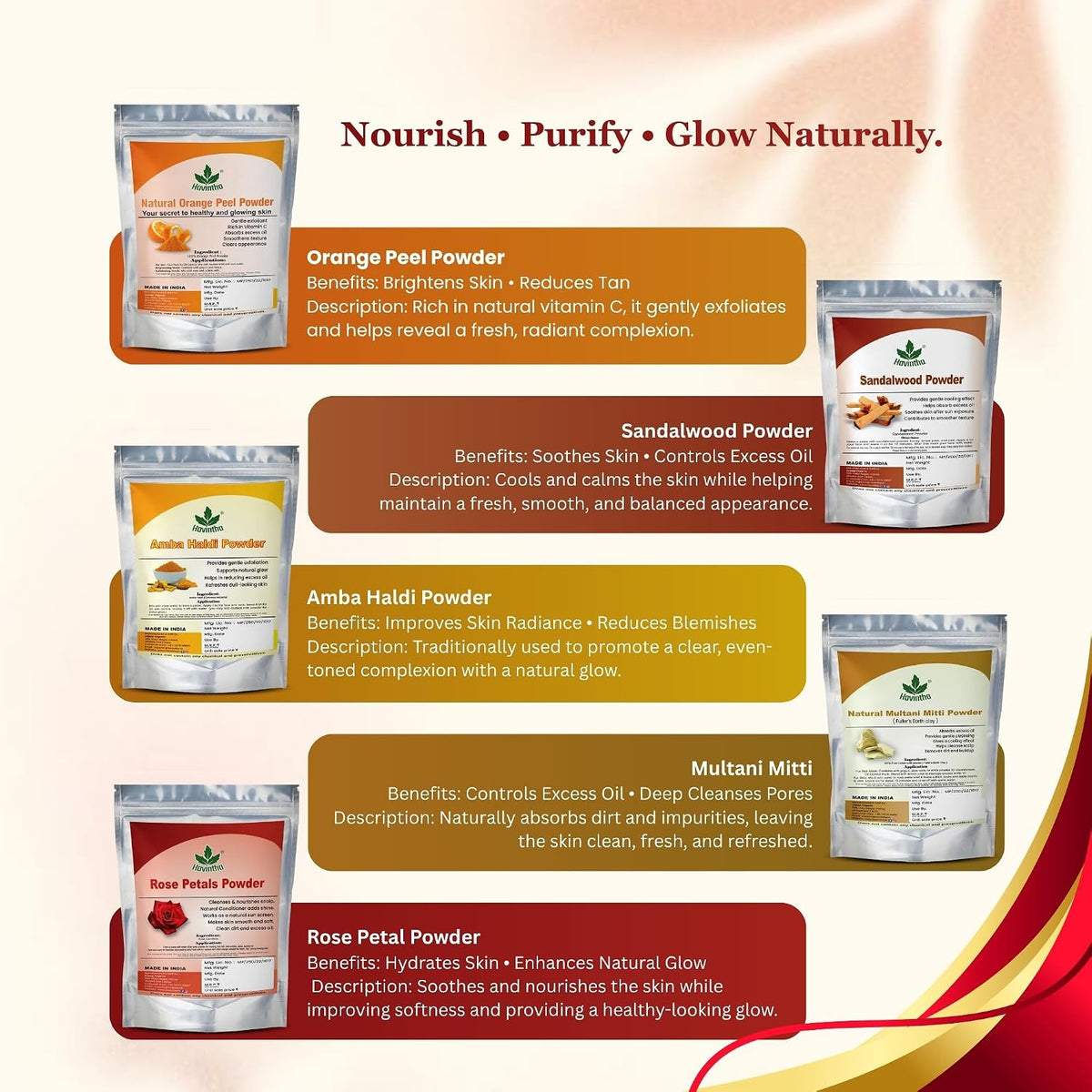 Havintha Natural Face Pack for Healthy and Glowing Skin Combo Pack of Multani Mitti, Sandal Wood, Orange Peel, Rose Petal, Amba Haldi Powder (Each 50gm)