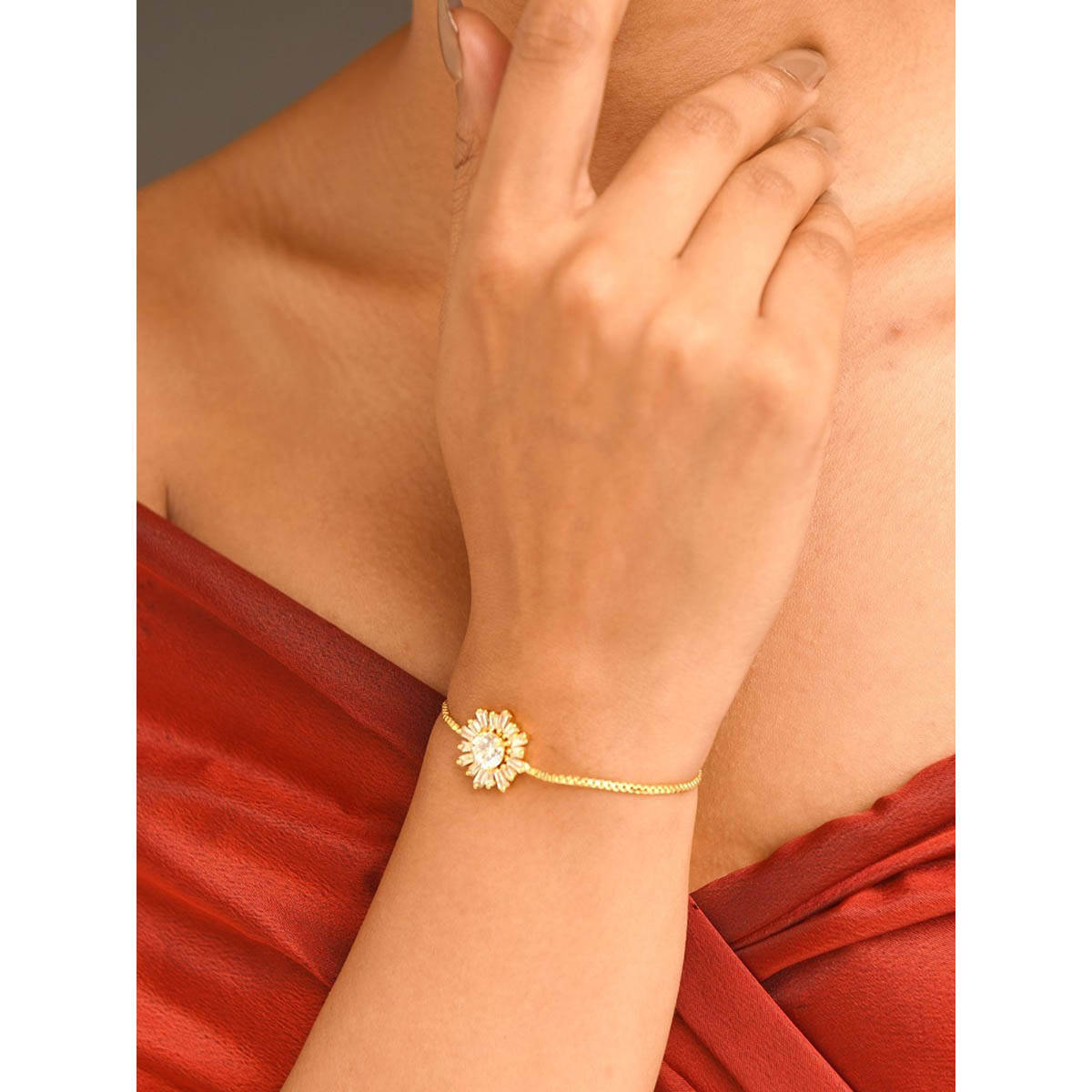 Abdesigns Gold Plated White American Diamond Studded Hand Bracelet