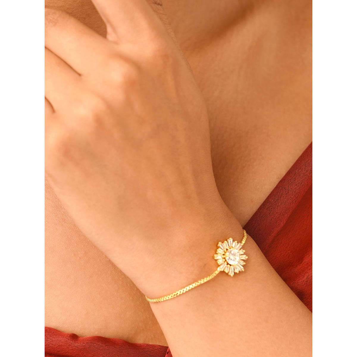 Abdesigns Gold Plated White American Diamond Studded Hand Bracelet