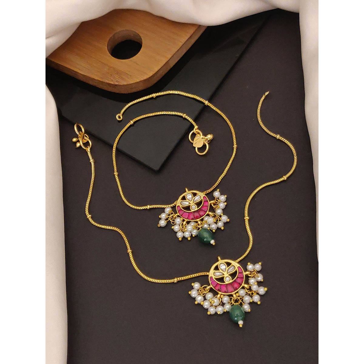 Abdesigns Enchanting Multi-Colour Pachi Kundan Gold Plated Anklet