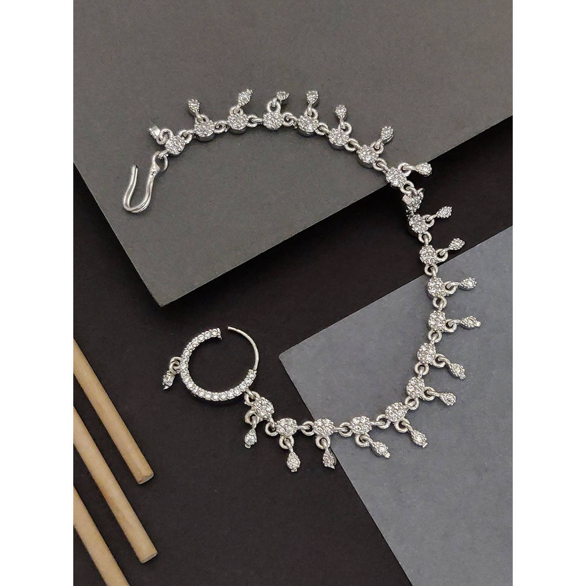 Abdesigns Silver-Plated Cubic Zirconia Chained Nose Ring With Chain