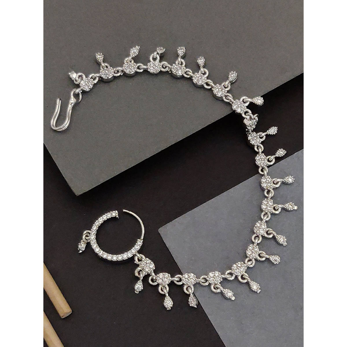 Abdesigns Silver-Plated Cubic Zirconia Chained Nose Ring With Chain