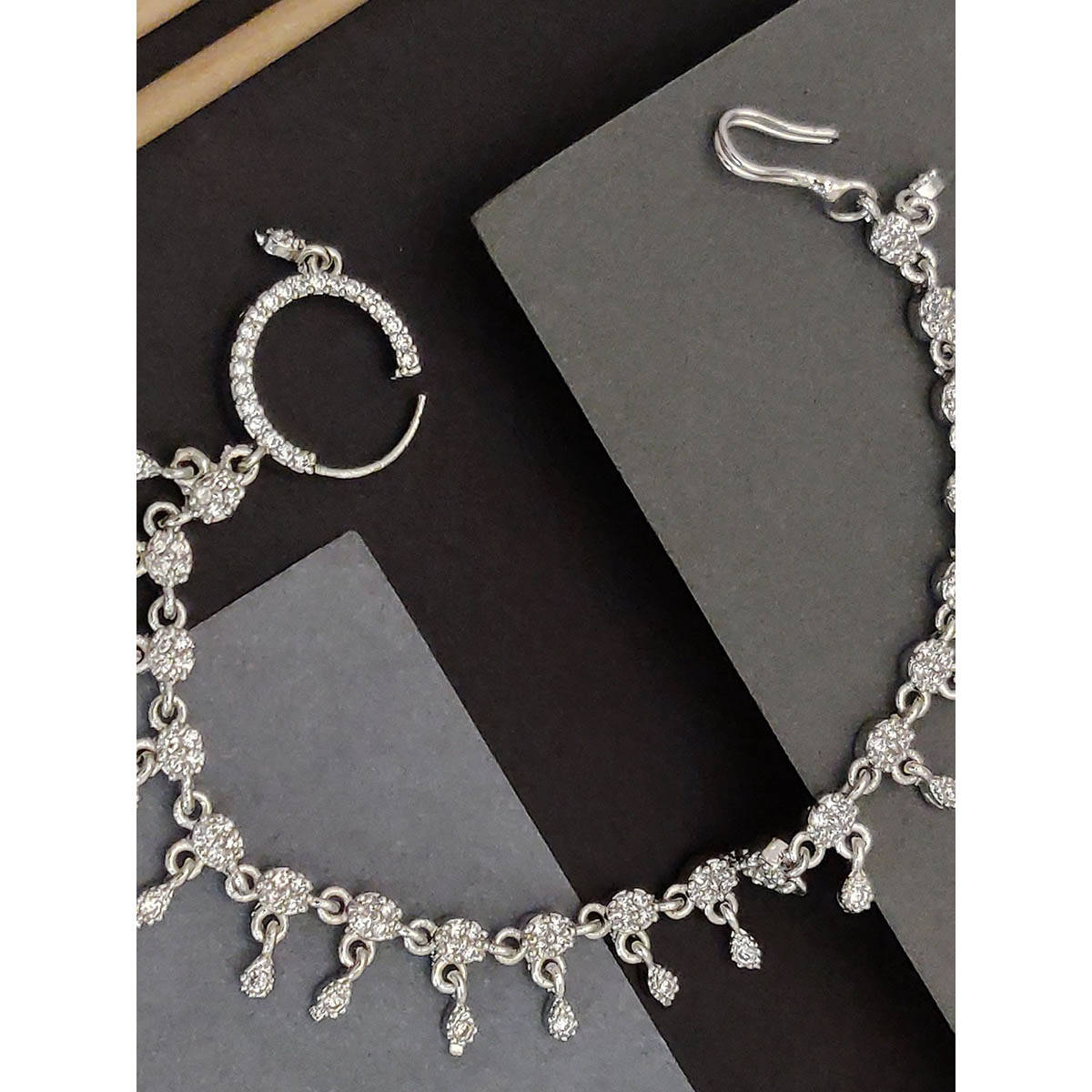 Abdesigns Silver-Plated Cubic Zirconia Chained Nose Ring With Chain