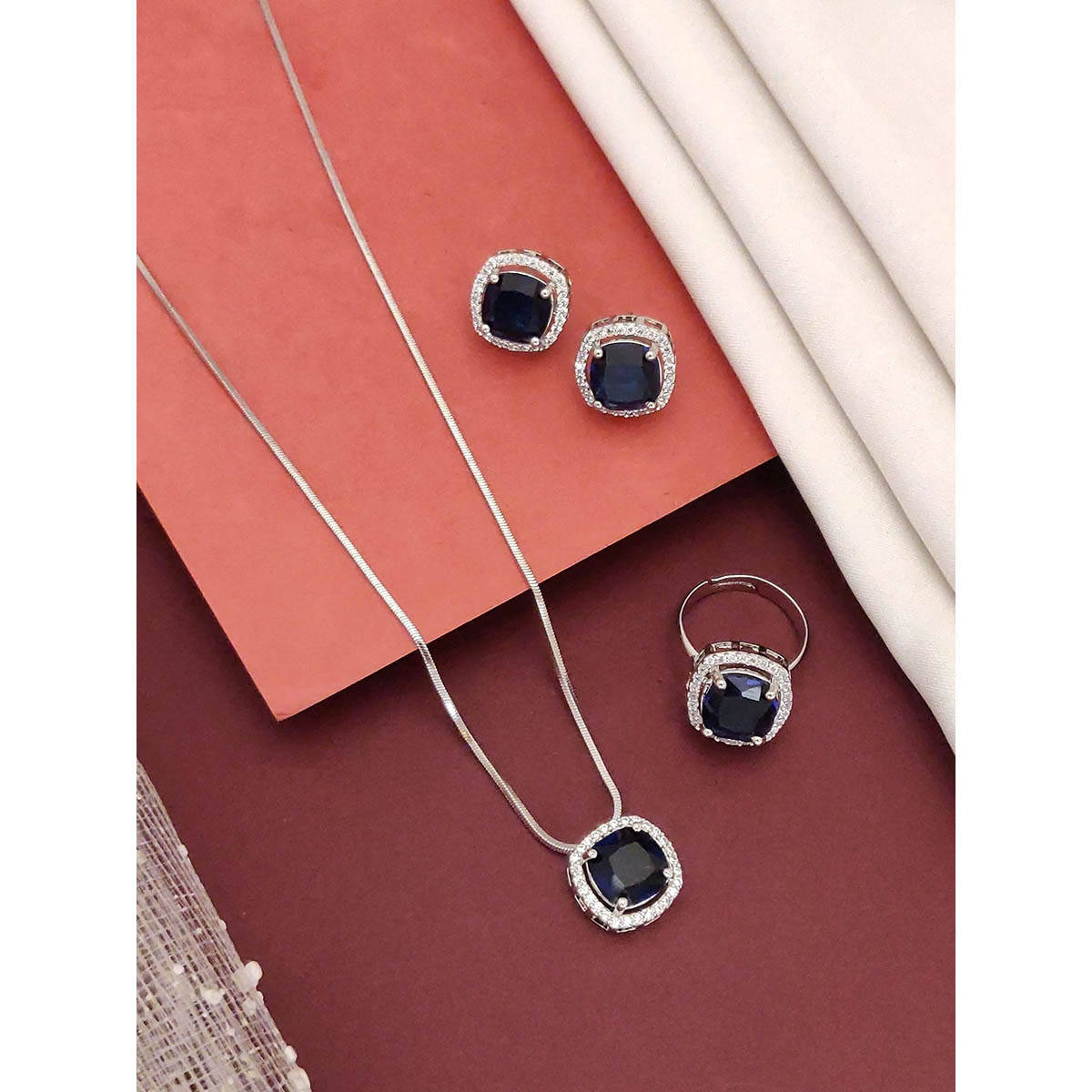 Abdesigns Enchanting Silver Plated American Diamond Studded Jewellery Set