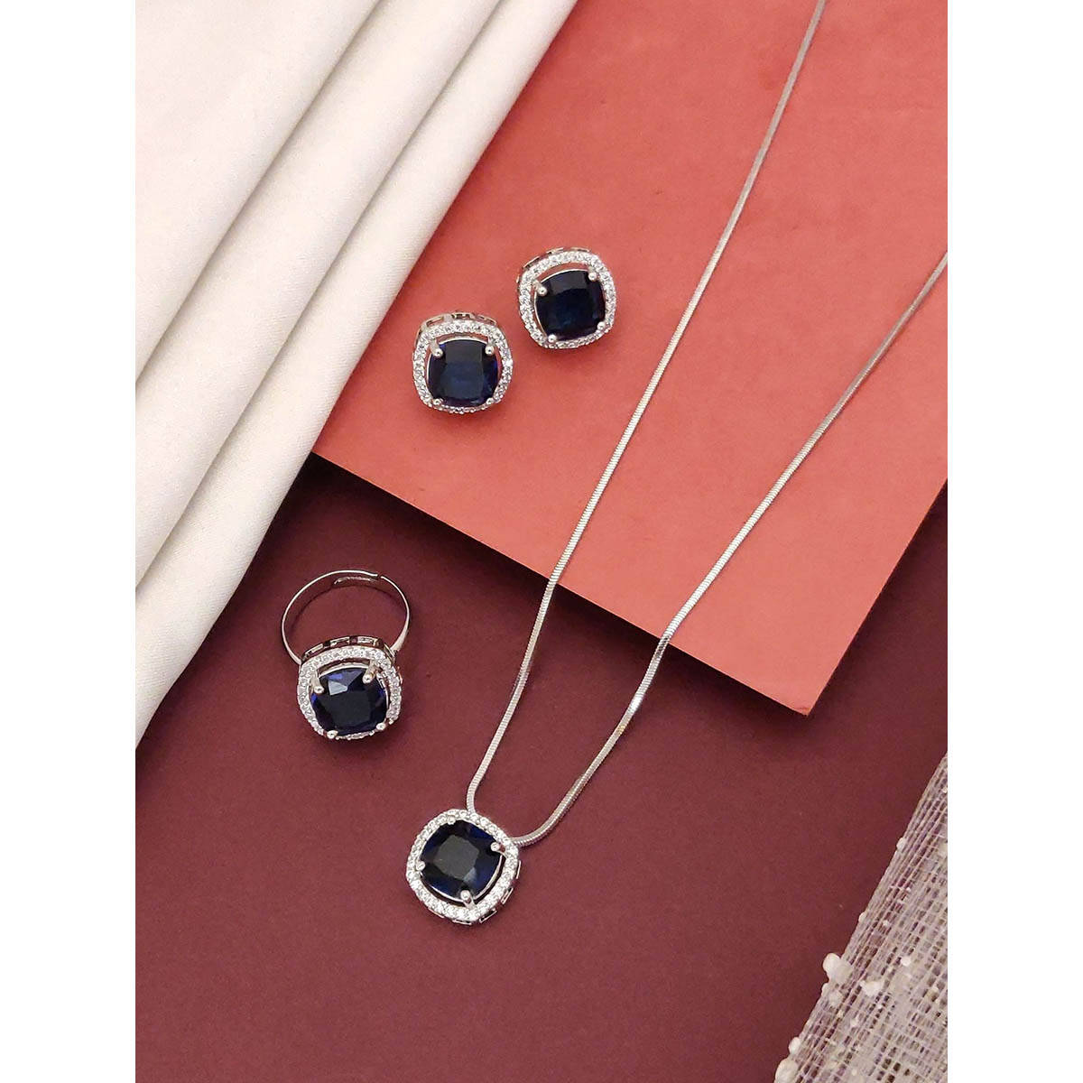 Abdesigns Enchanting Silver Plated American Diamond Studded Jewellery Set