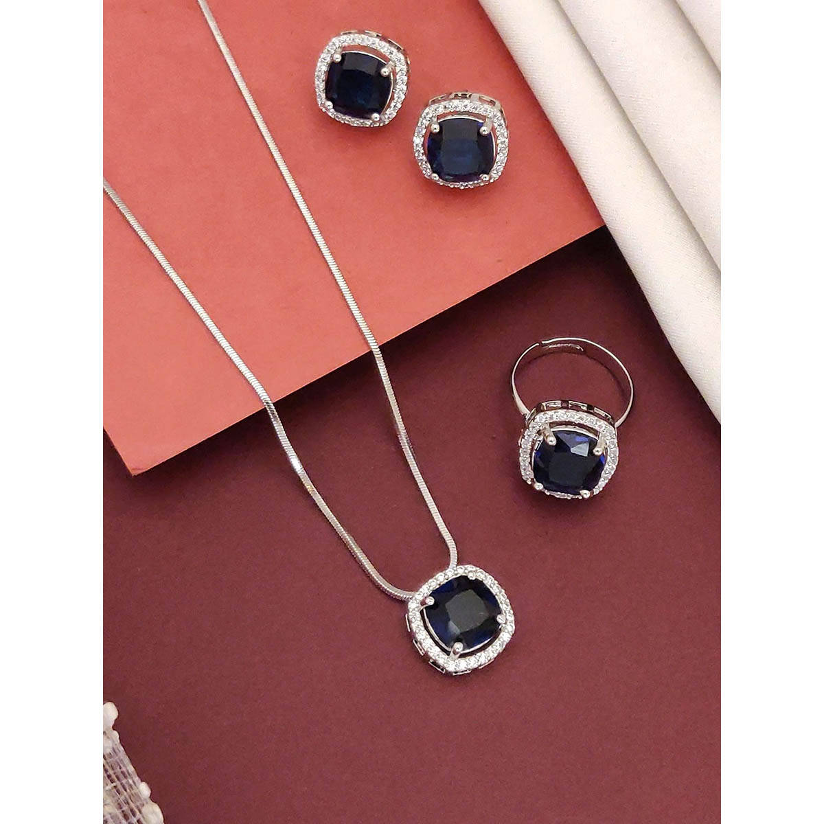 Abdesigns Enchanting Silver Plated American Diamond Studded Jewellery Set