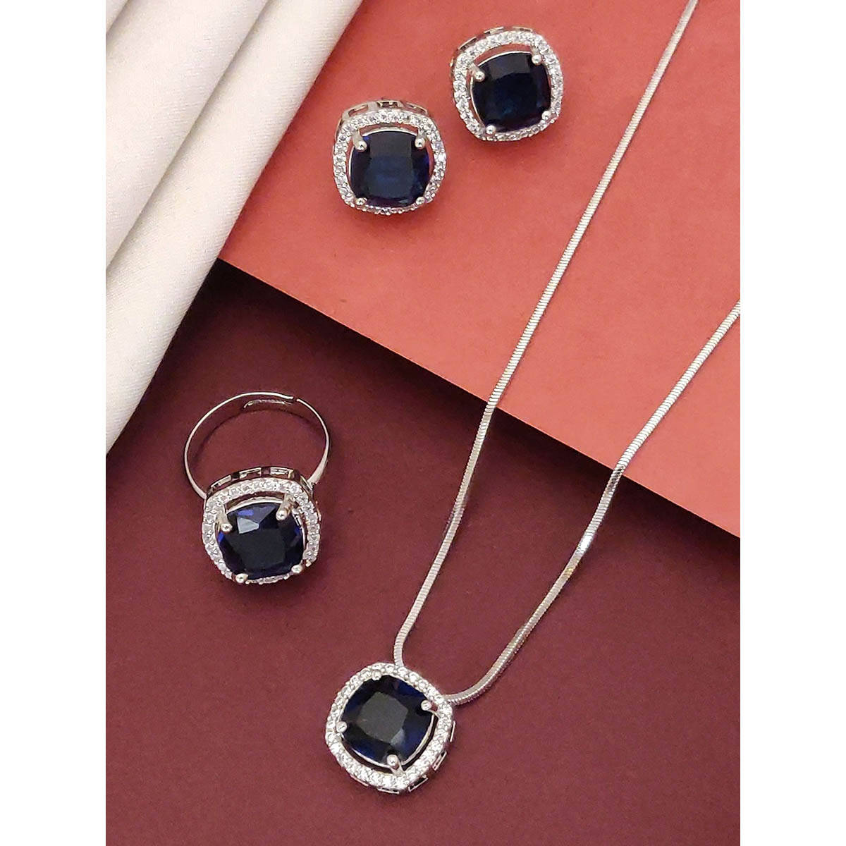 Abdesigns Enchanting Silver Plated American Diamond Studded Jewellery Set