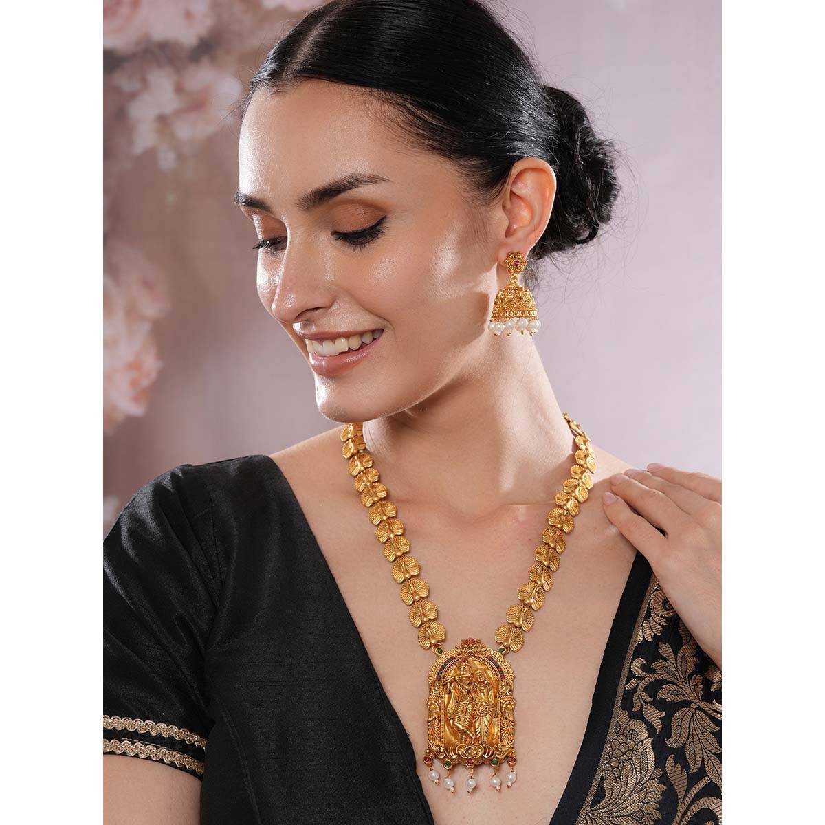 Aatmana 22K Gold Plated Golden Beads Pearl Radha Krishna Temple Necklace with Earrings · Adjustable