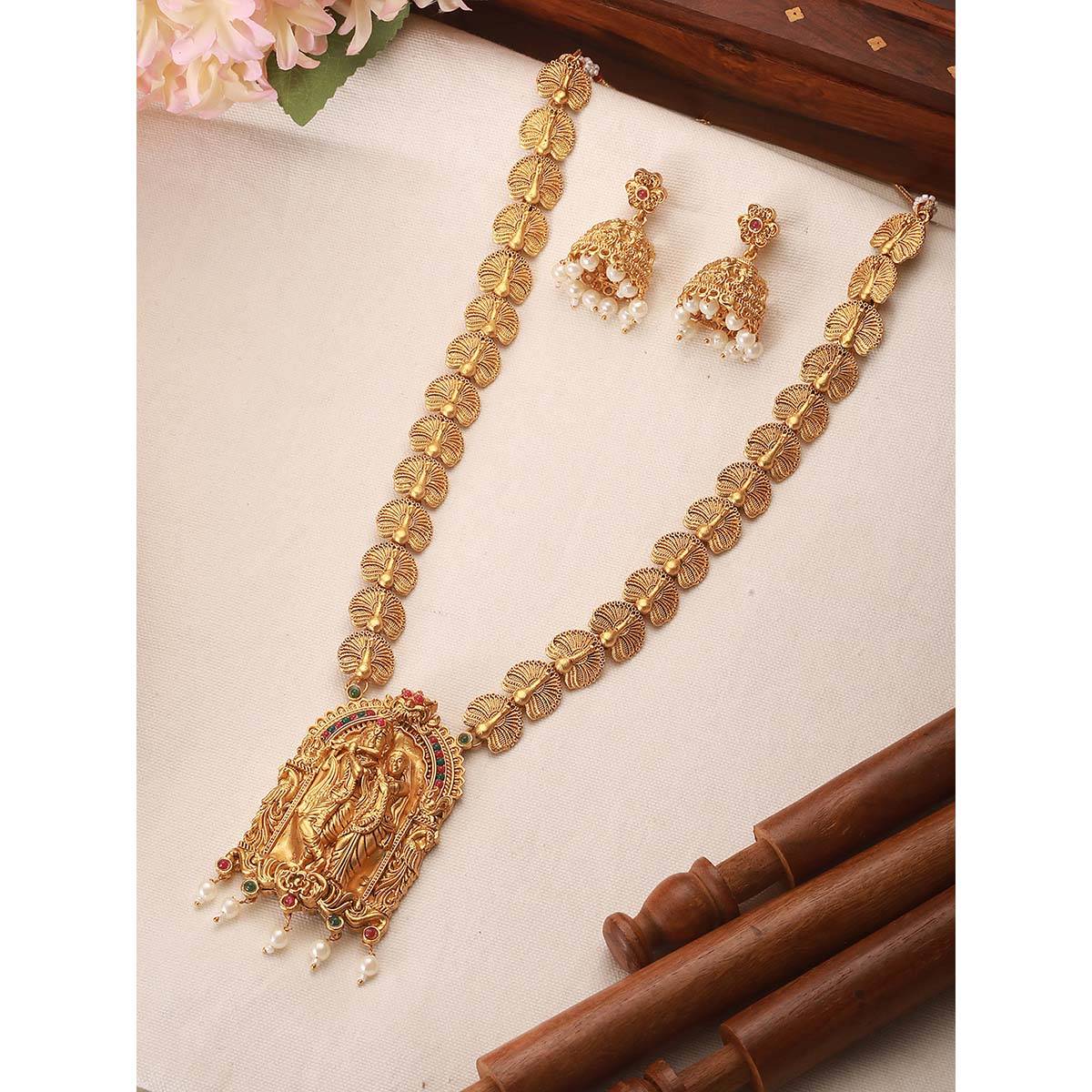 Aatmana 22K Gold Plated Golden Beads Pearl Radha Krishna Temple Necklace with Earrings · Adjustable