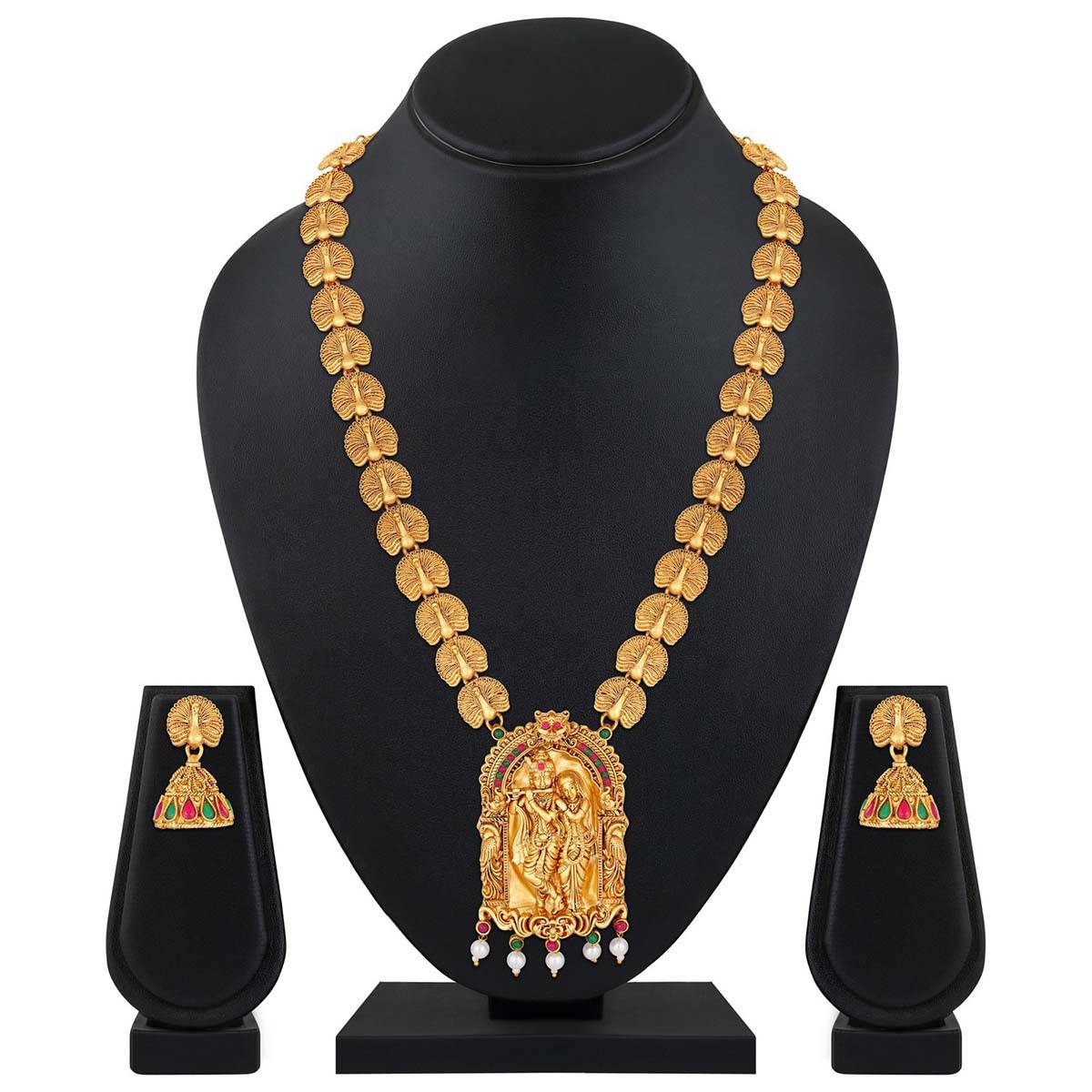 Aatmana 22K Gold Plated Golden Beads Pearl Radha Krishna Temple Necklace with Earrings