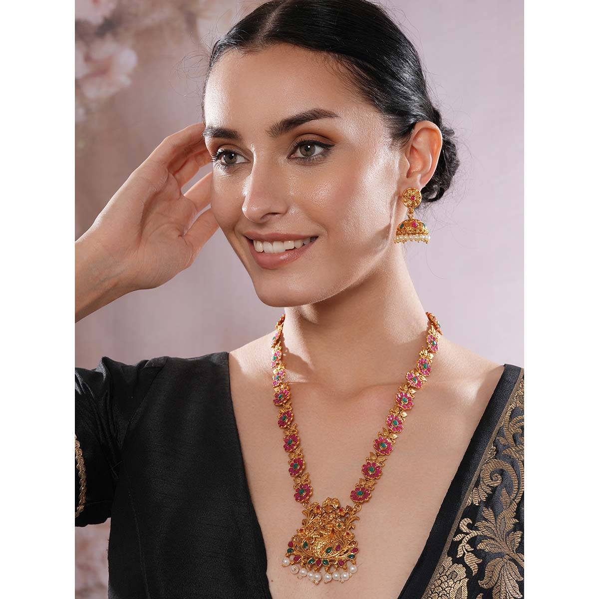 Aatmana Gold Plated Faux Ruby Studded Floral Temple Necklace with Earrings · Adjustable