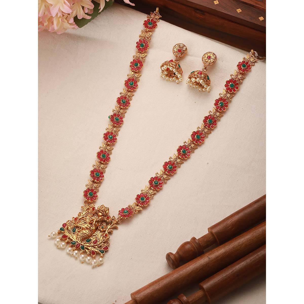Aatmana Gold Plated Faux Ruby Studded Floral Temple Necklace with Earrings · Adjustable