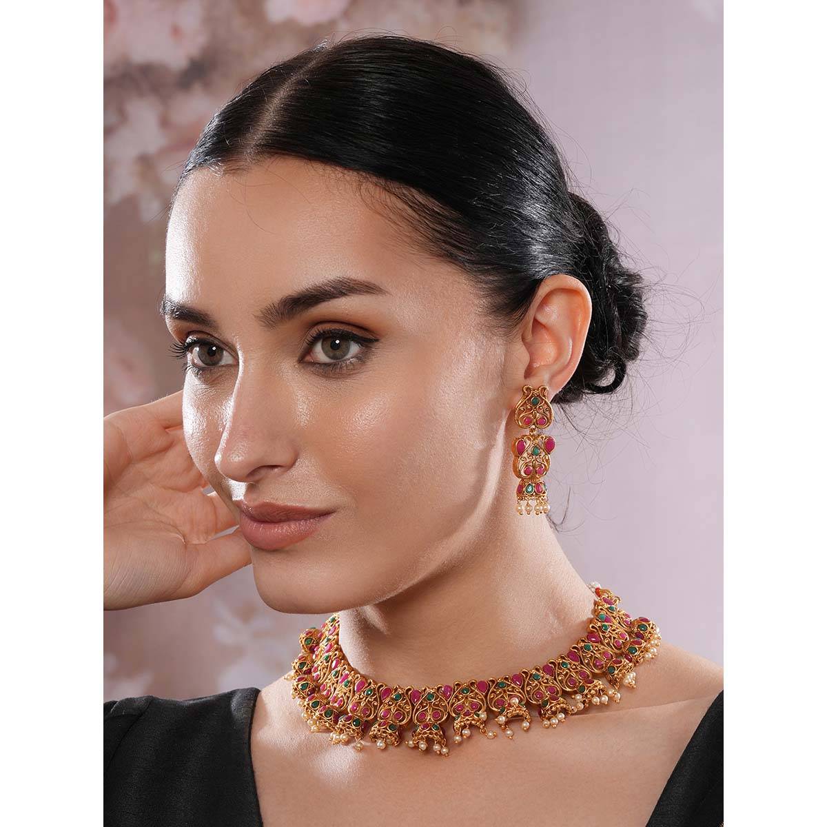 Aatmana 22K Gold Plated Pearl Beads Ruby Kundan Stone Studded Necklace with Earrings