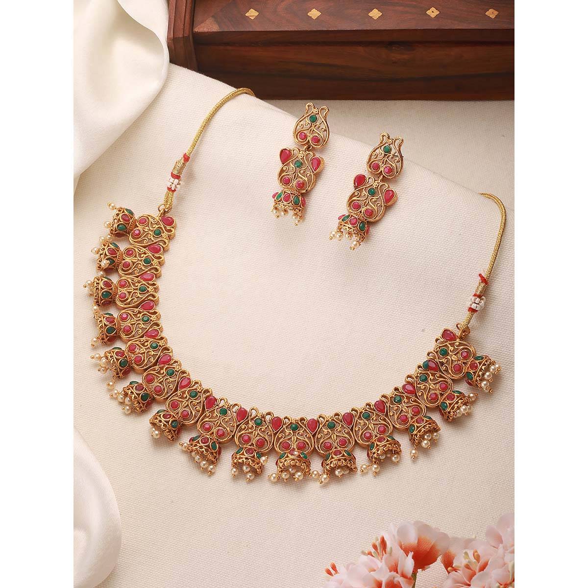 Aatmana 22K Gold Plated Pearl Beads Ruby Kundan Stone Studded Necklace with Earrings · Adjustable