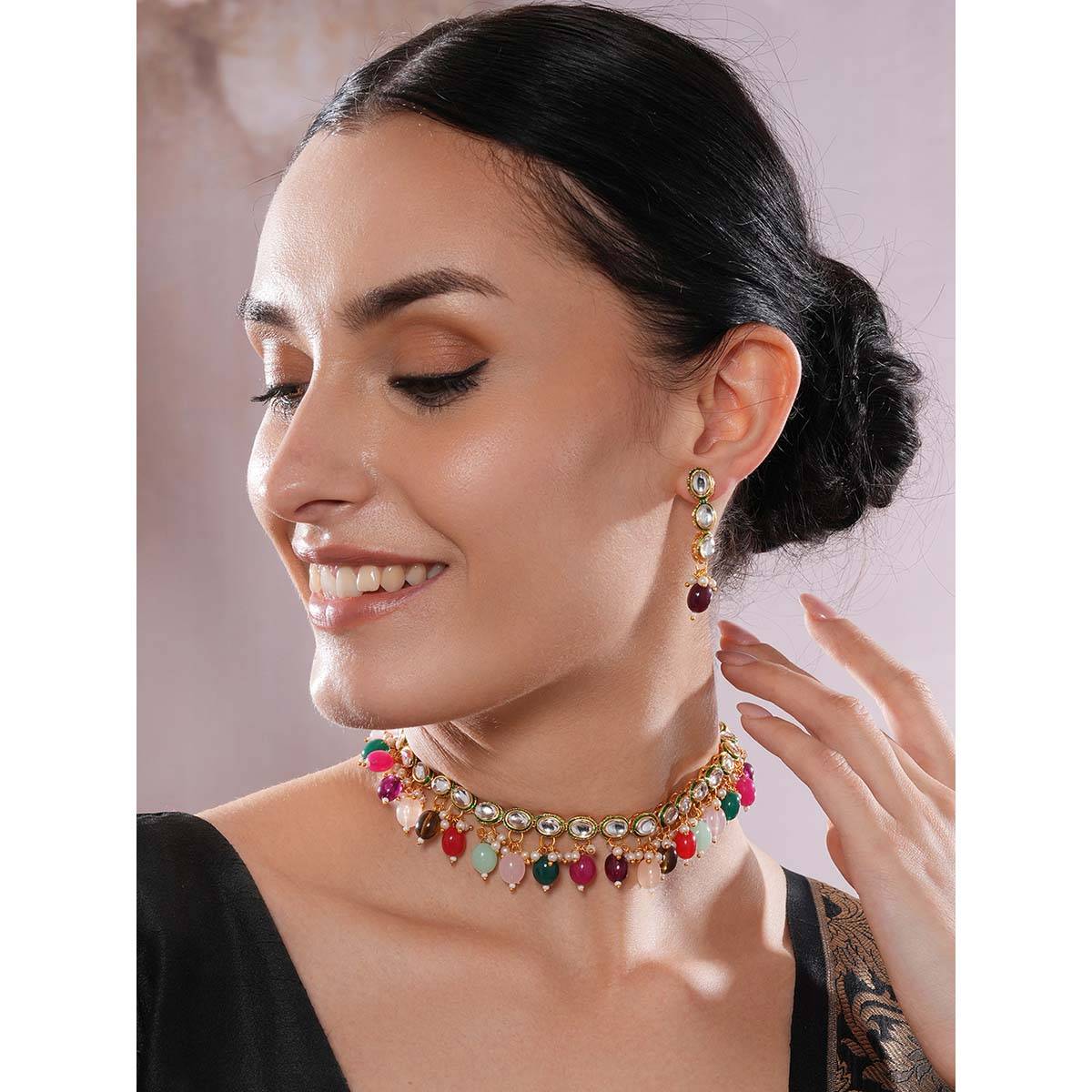Aatmana Kundan Studded Multi-Color Pearl Beaded Handcrafted Necklace with Earrings