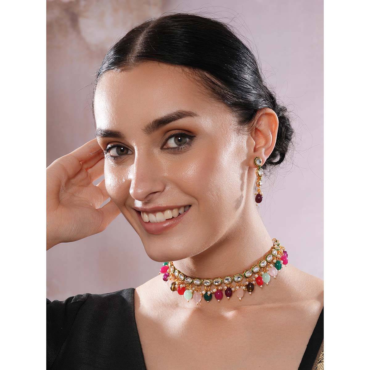 Aatmana Kundan Studded Multi-Color Pearl Beaded Handcrafted Necklace with Earrings