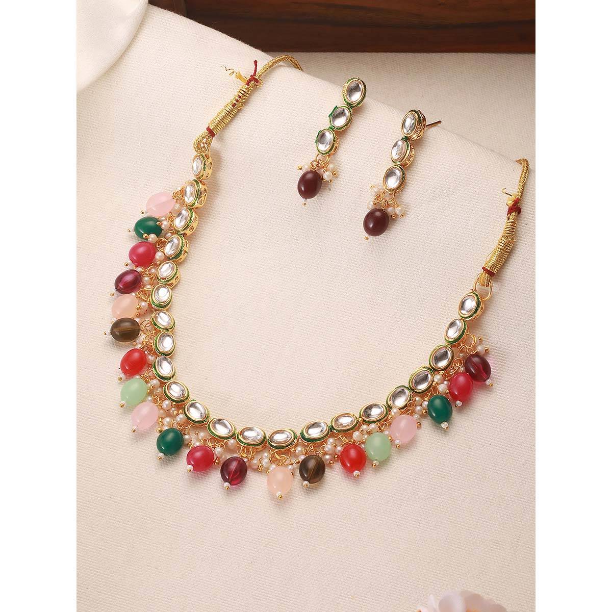 Aatmana Kundan Studded Multi-Color Pearl Beaded Handcrafted Necklace with Earrings
