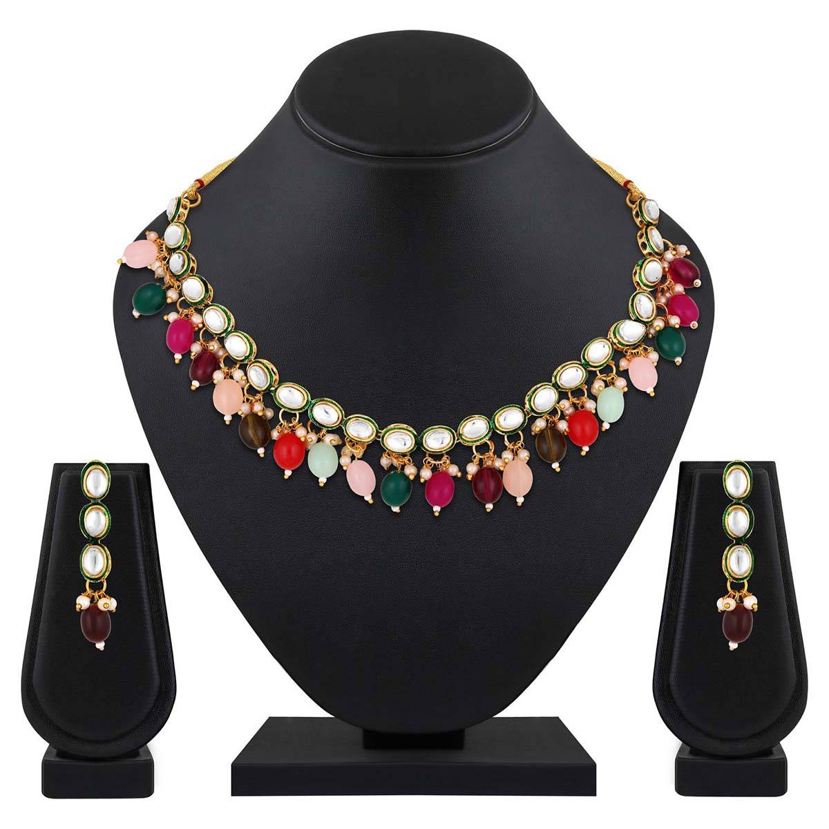 Aatmana Kundan Studded Multi-Color Pearl Beaded Handcrafted Necklace with Earrings