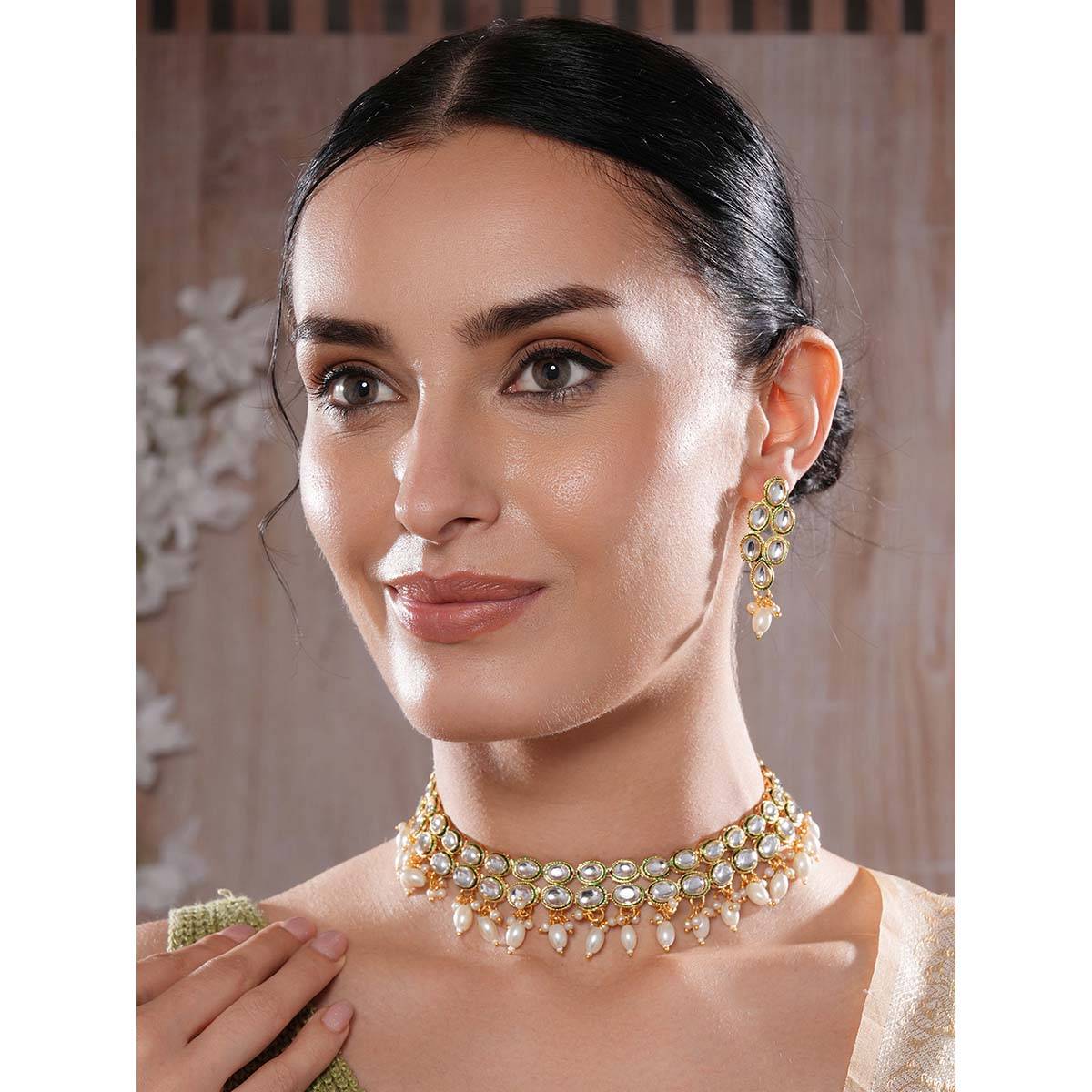 Aatmana Gold Plated Kundan Studded White Beaded Handcrafted Necklace with Earrings