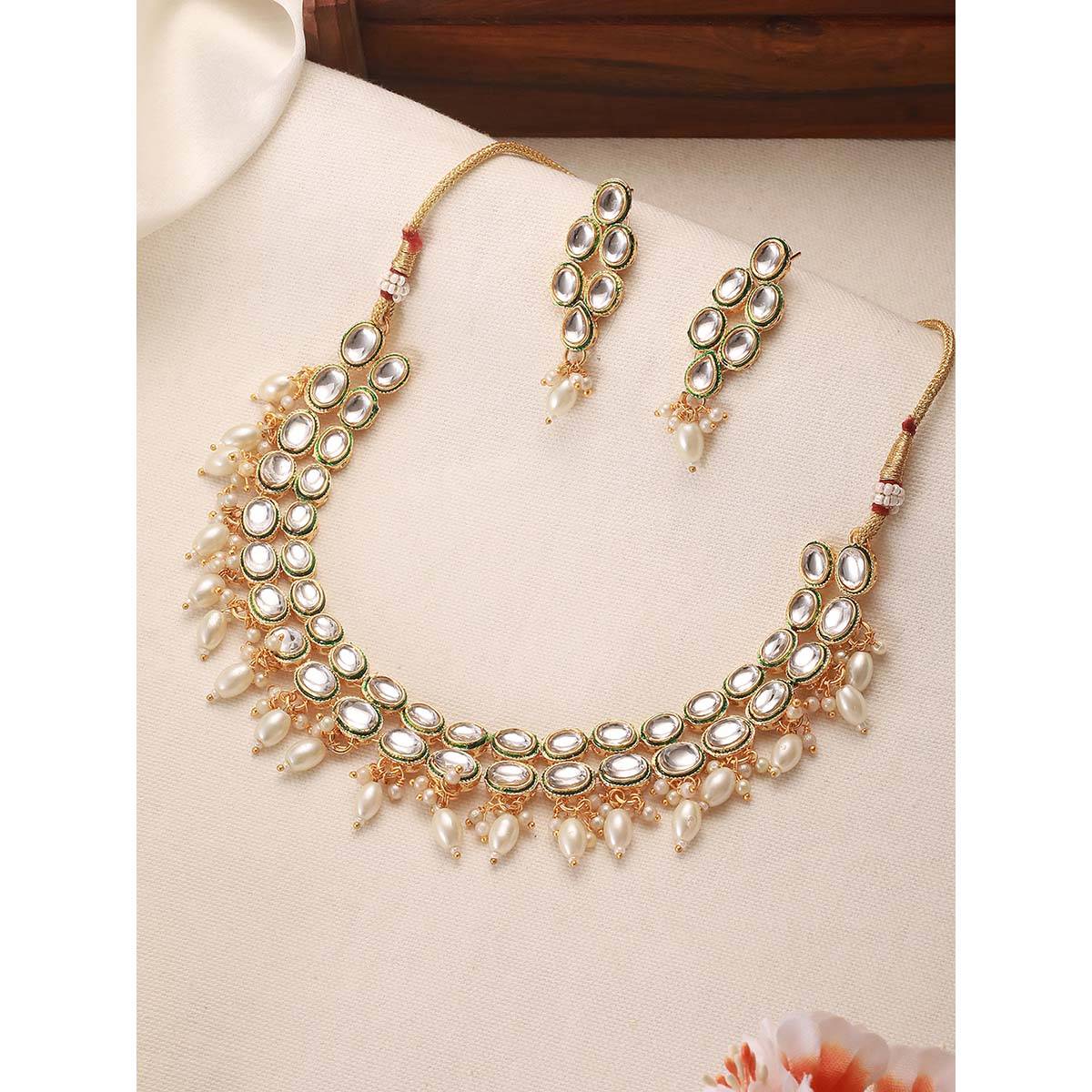 Aatmana Gold Plated Kundan Studded White Beaded Handcrafted Necklace with Earrings