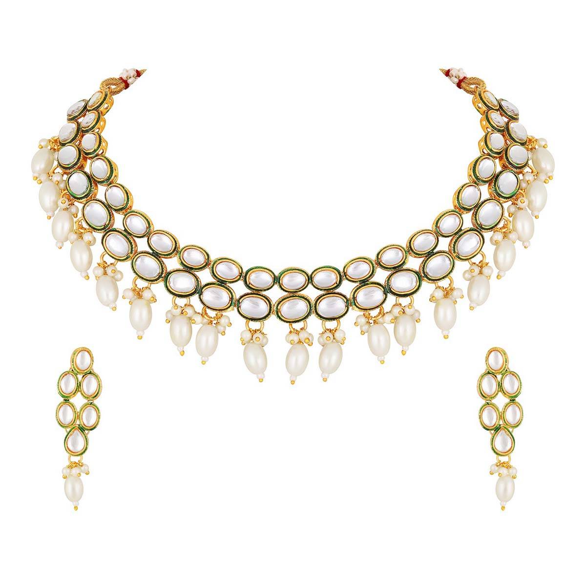 Aatmana Gold Plated Kundan Studded White Beaded Handcrafted Necklace with Earrings