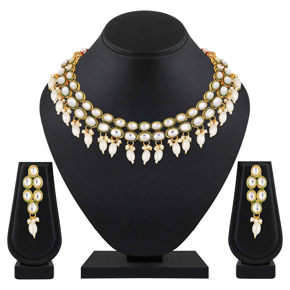 Aatmana Gold Plated Kundan Studded White Beaded Handcrafted Necklace with Earrings