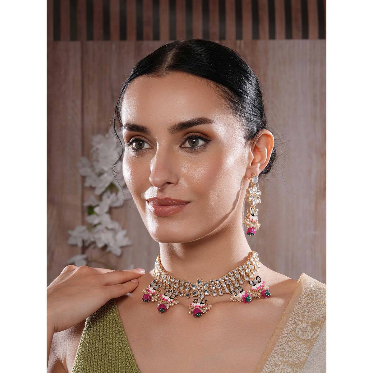 Aatmana Gold Plated Kundan Lotus Shaped Black Pink Minakari Neckalce with Earrings