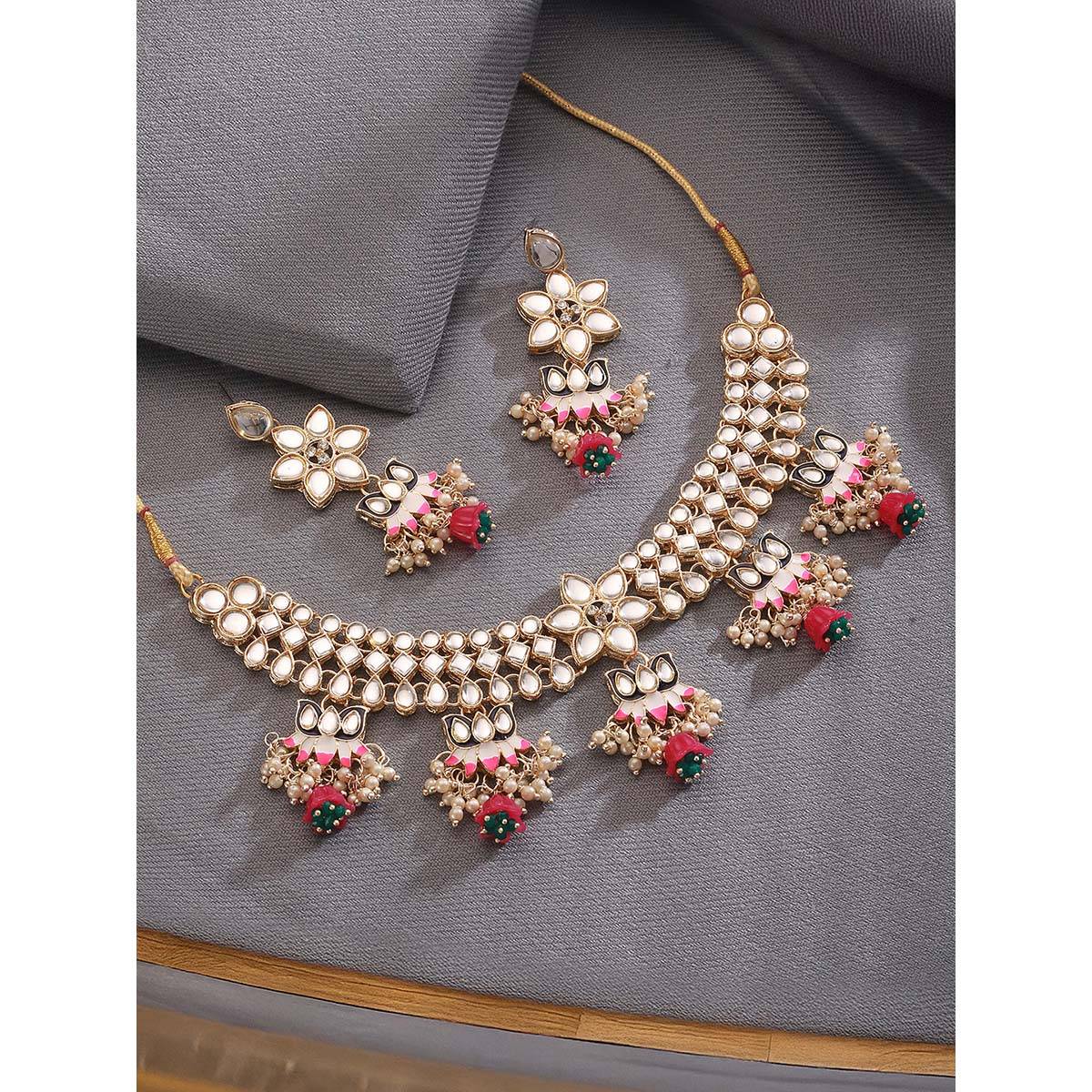 Aatmana Gold Plated Kundan Lotus Shaped Black Pink Minakari Neckalce with Earrings