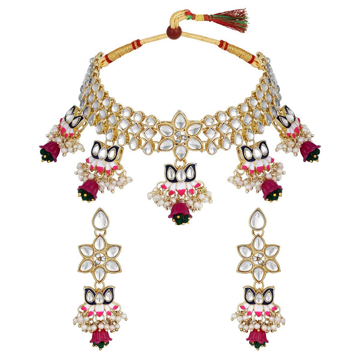 Aatmana Gold Plated Kundan Lotus Shaped Black Pink Minakari Neckalce with Earrings
