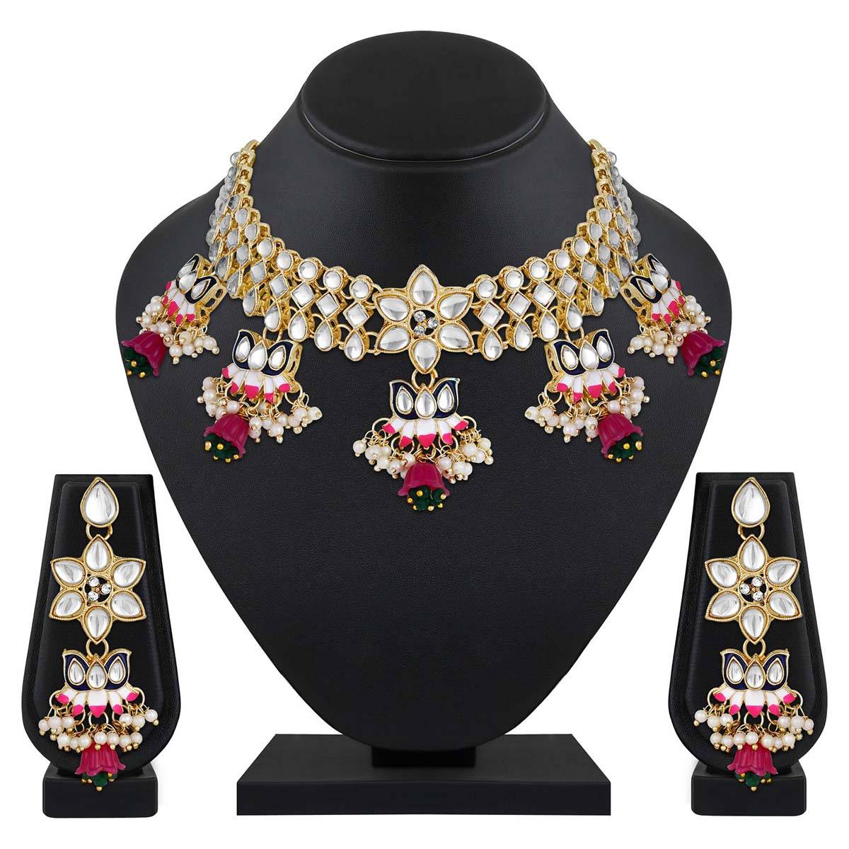 Aatmana Gold Plated Kundan Lotus Shaped Black Pink Minakari Neckalce with Earrings