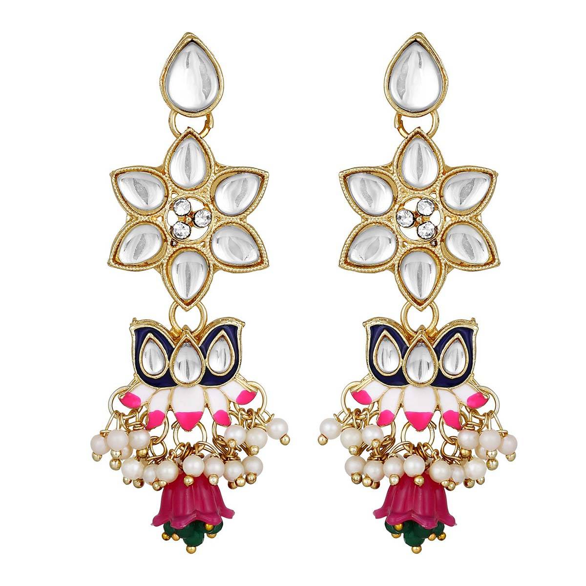 Aatmana Gold Plated Kundan Lotus Shaped Black Pink Minakari Neckalce with Earrings