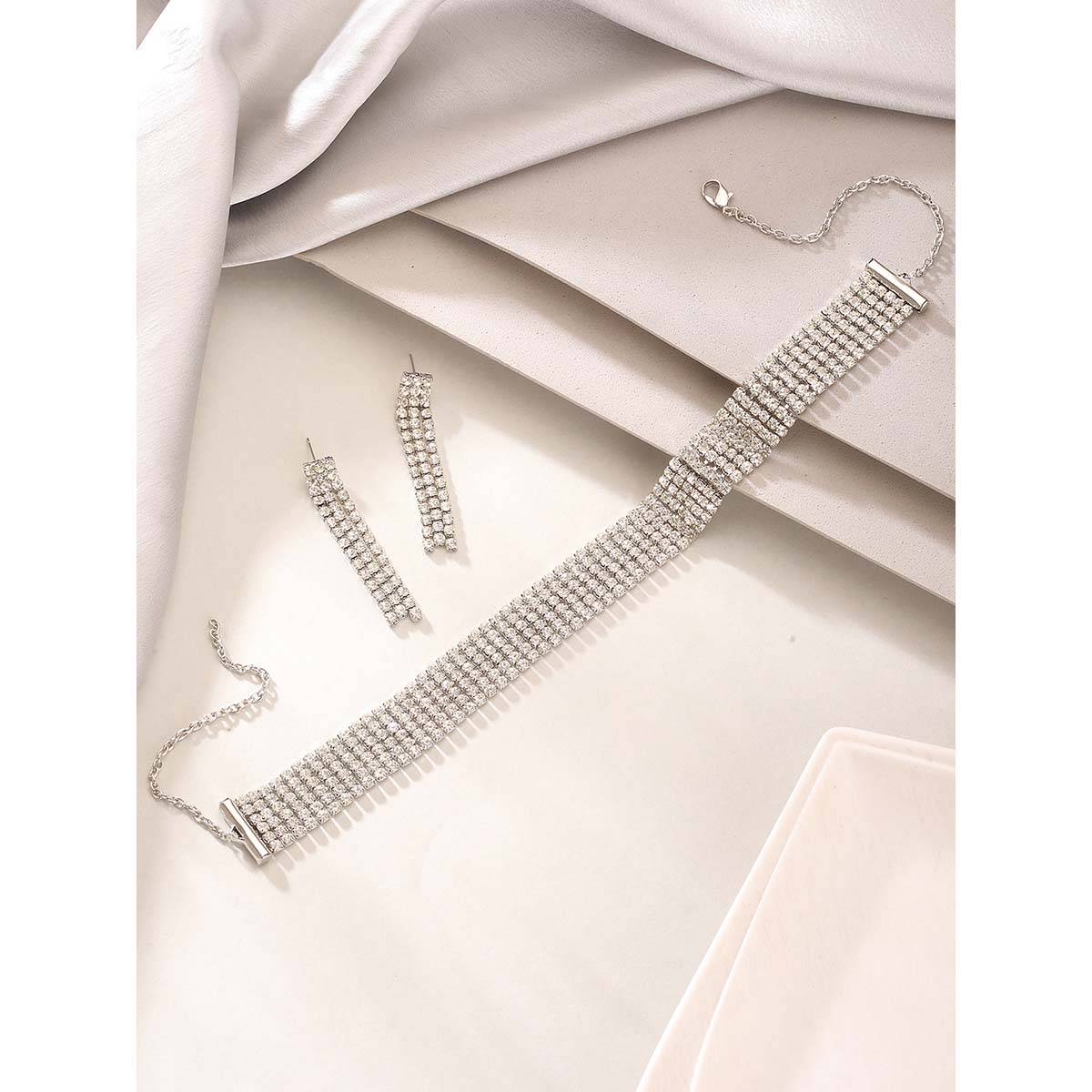 Aatmana Silver Plated Crystaland Zirconia Studded MultiStrand Necklace with Earrings · Adjustable