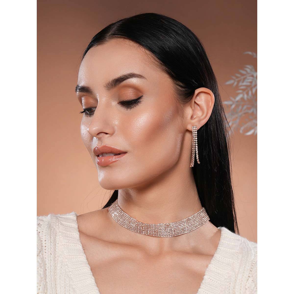 Aatmana 18K RoseGold Plated Crystal AD Zirconia Studded MultiStrand Necklace with Earrings